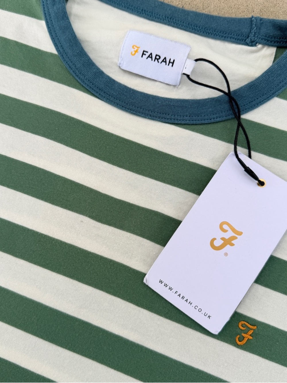 NWT Farah Men’s Striped Ringer Tee Green & White Large